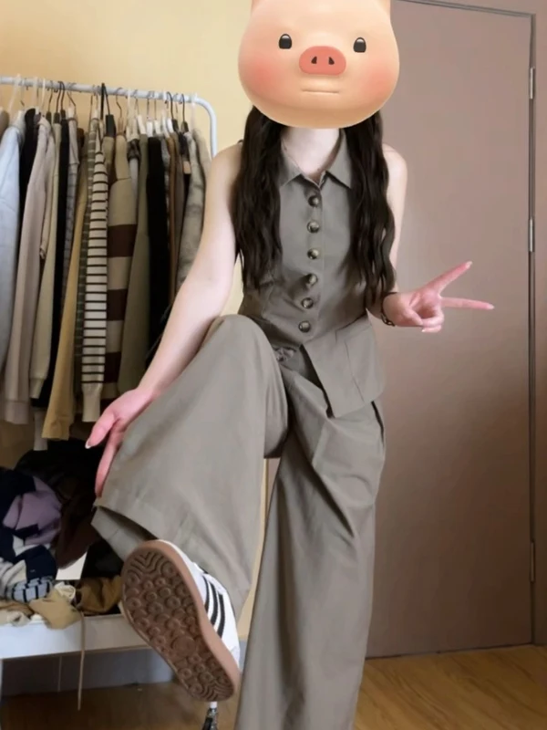 

Korean Style Lazy High-End Sleeveless Tank Top Wide Leg Pants Two-Piece Set Comfortable Cotton Short Length Button Closure