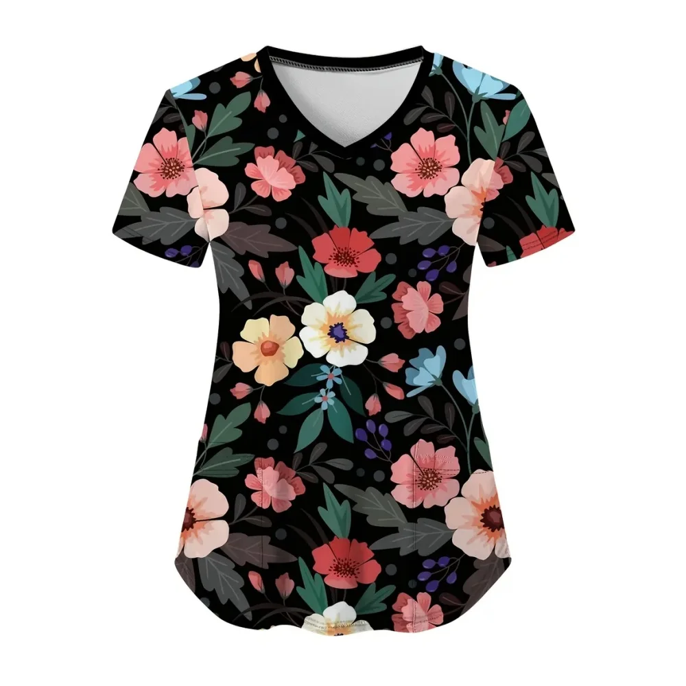 Moda floral impressão uniformes cirúrgicos mulher microelástica com decote em v uniforme clínico dental verão manga curta topos feminino esfrega