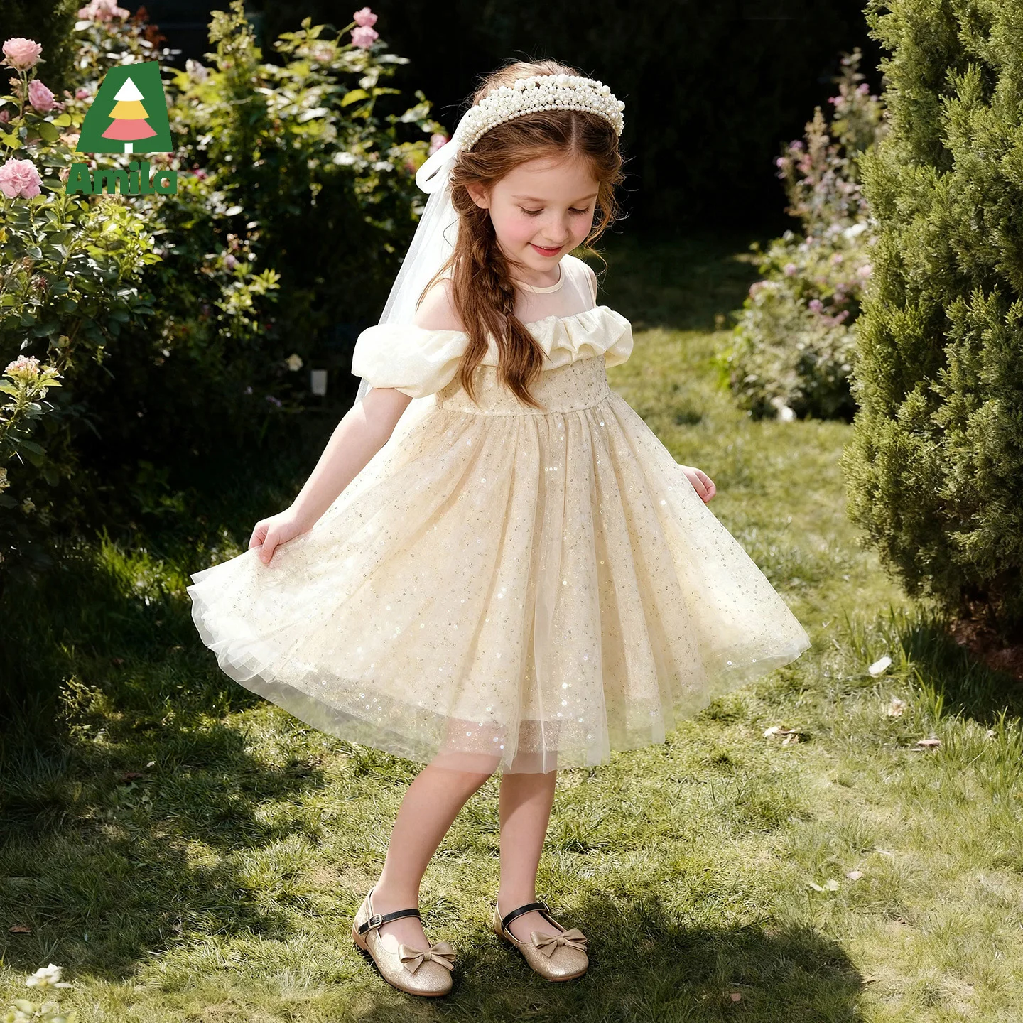 Amila 2026 Summer New Style Girls' Dress, Sweet Sequin Mesh Bubble Sleeves Dreamy Elegant Gentle Dignified Princess Dress