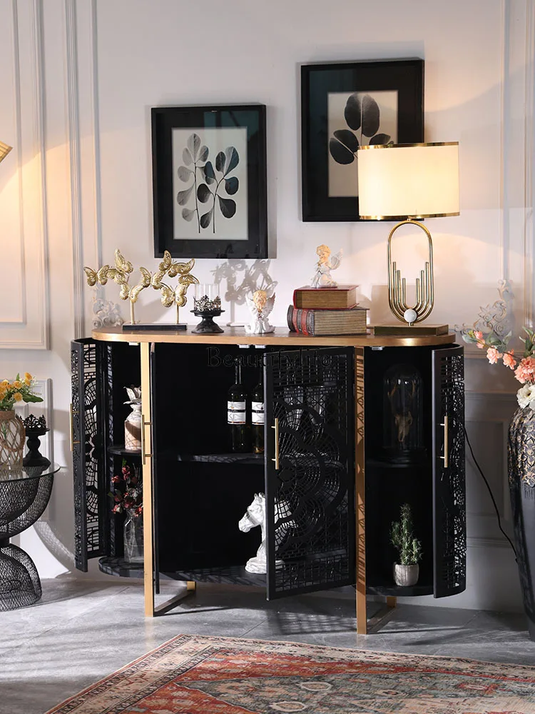 European Entry Lux Wrought Iron Carved Solid Wood Entrance Cabinet Black Gold Hollow Storage Cabinet