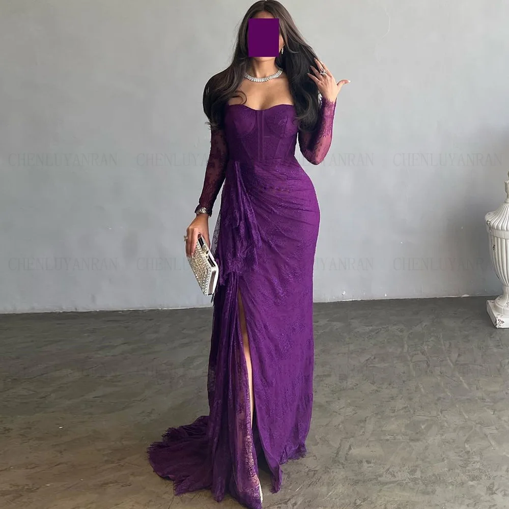 Purple Lace Formal Occasion Dresses 2024 Sweetheart Long Sleeves Ball Gowns Pleat Slit Sexy Evening Party Gown فساتين الحفلات