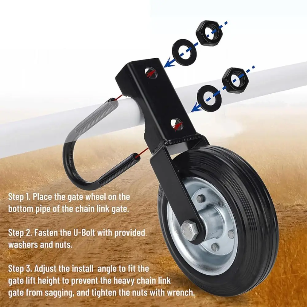 auxiliary-wheel-heavy-duty-farm-gate-caster-black-rubber-wheel-metal-fence-gate-wheel-metal-tube-adjustable-height-wooden-gate