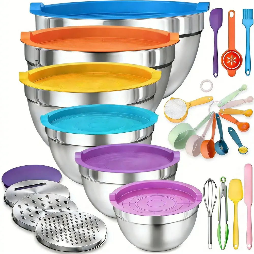 

Steel Mixing Bowls With Airtight Lids, 26Piece Metal Stackable Salad Bowls Set With Measurement Markings, Ideal For Baking, Coo