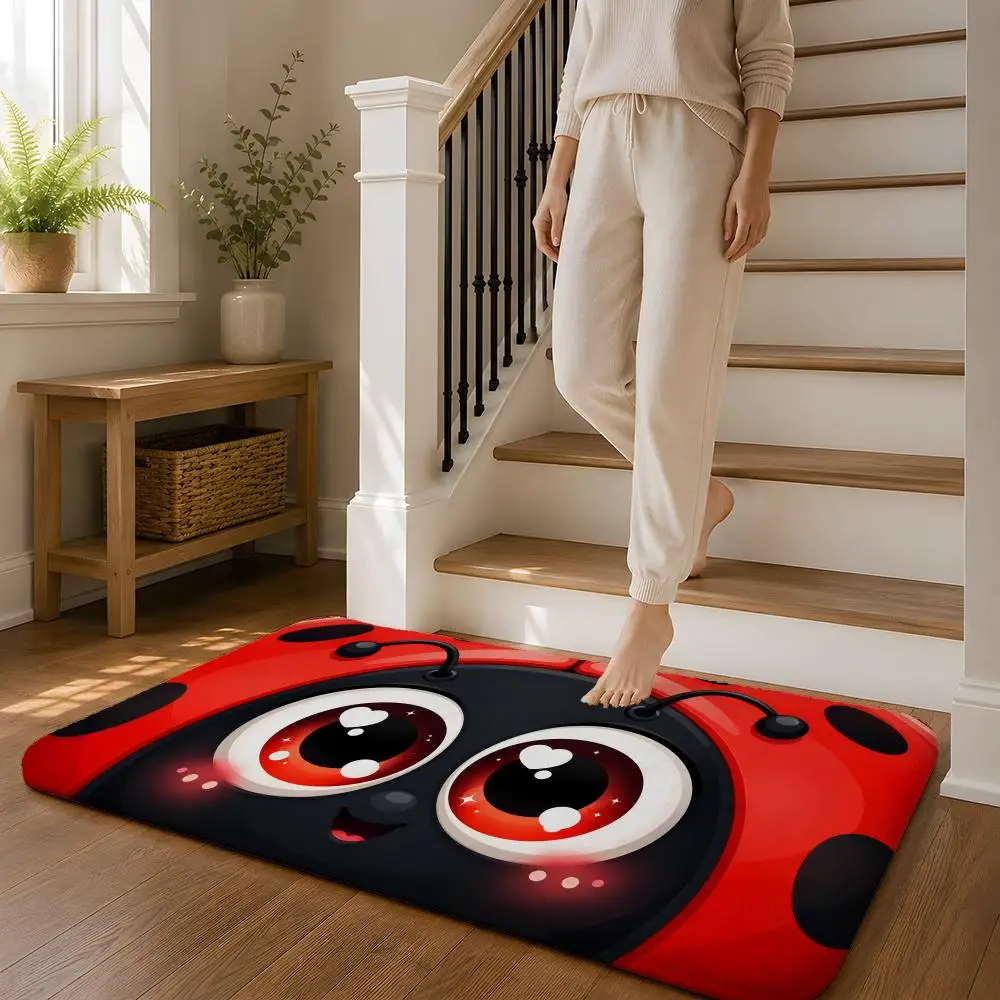 Big Eyes Ladybug Floor Mat Flannel Rug Non Slip Absorbent Soft Washable For Entryway Hallway Bathroom Kitchen Decor