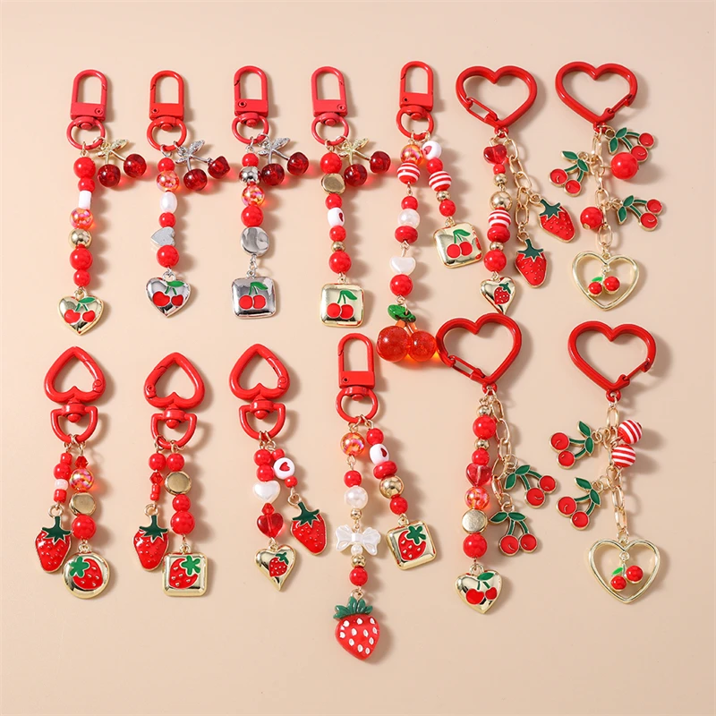 Modische handgefertigte Frucht-Schlüsselanhänger, rote Kirsche, Erdbeer-Anhänger, Schlüsselanhänger für Autoschlüssel, Damen- und Herrenhandtaschen, DIY-Geschenke – Detail 1