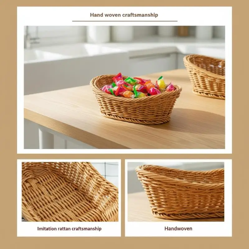 Handwoven Plastic Rattan Basket Durable Lightweight Food Organizer for Kitchen Bread Fruits Snacks Outdoor Use