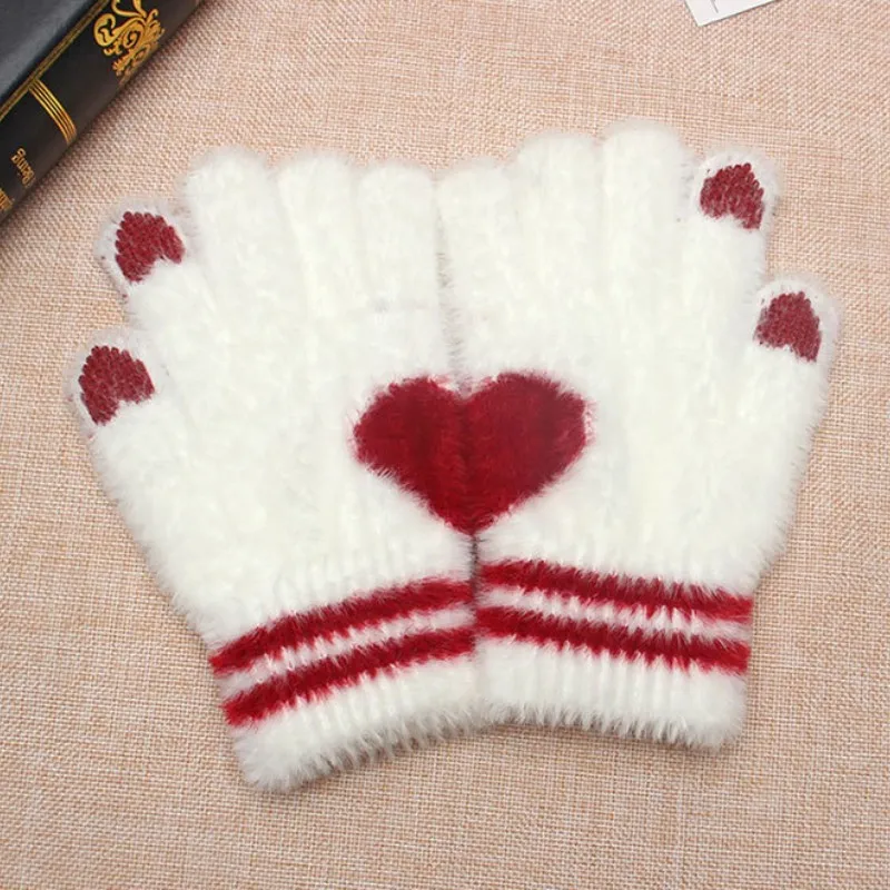 

Love Knit Plush Gloves Winter Five Finger Gloves Plush Warm Cold-Proof Couple Gloves Women Outdoors Cycling Solid Color Mittens