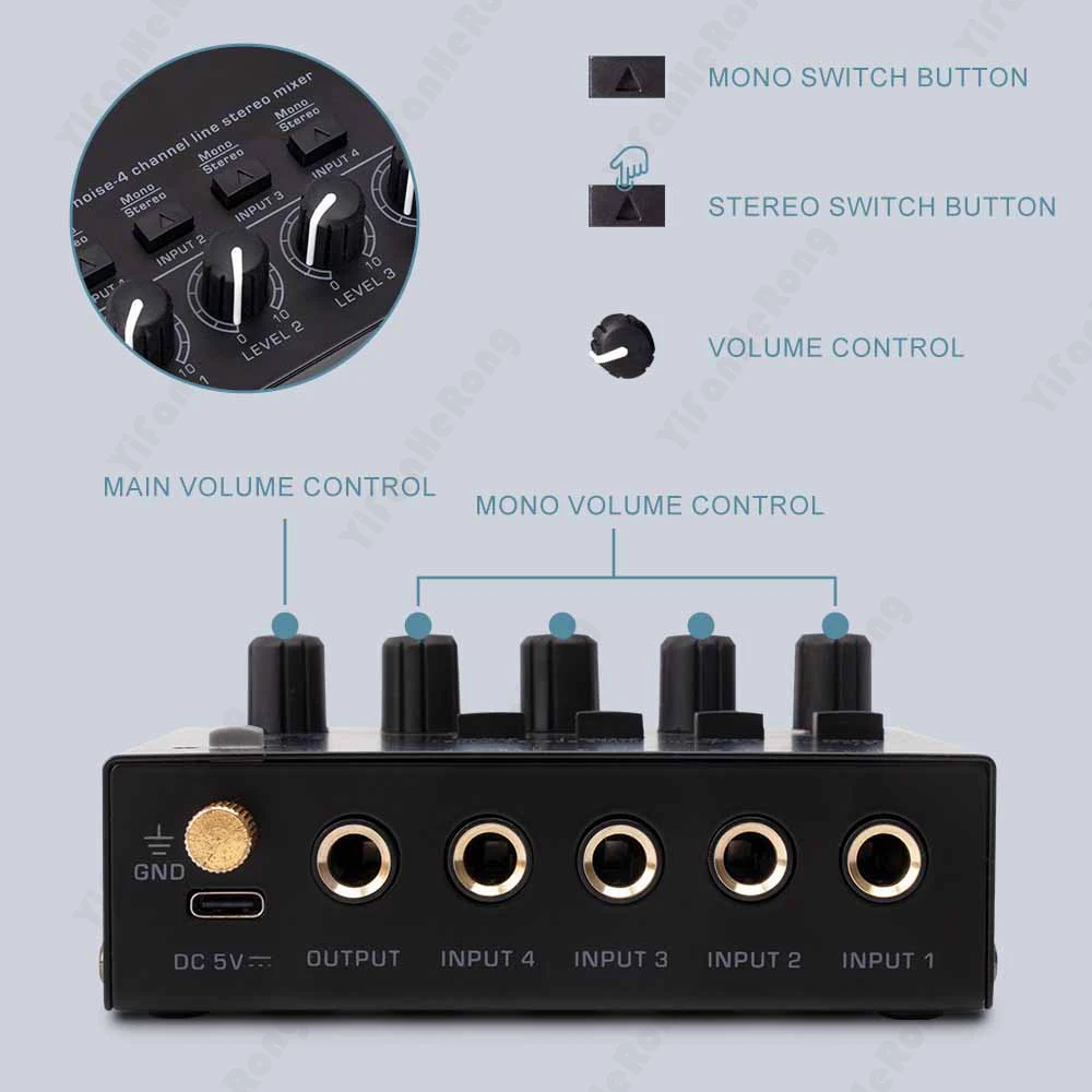 Mini 4 Channels Stereo Mixer Ultralow Noise Mixers Mixing Console DC5V With Power Adapter for Electric Guitar Drum Piano