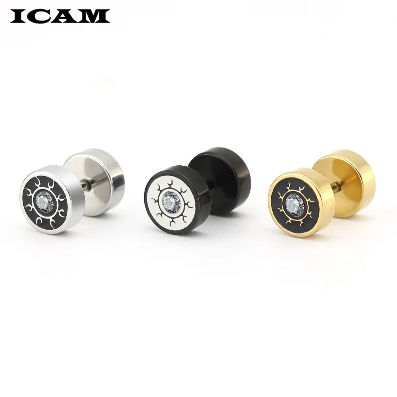 ICAM  1Pair Personality Titanium Steel Korean Men Earrings Double Round Dumbbell Stud Earrings Hypoallergenic Ear Brincos