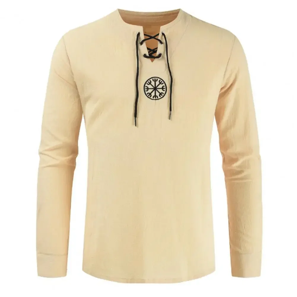 

Men T-shirt Vintage Viking Embroidery Lace Up V Neck Long Sleeve Shirt Male Hipster Shirts Tops рубашка camisa masculina