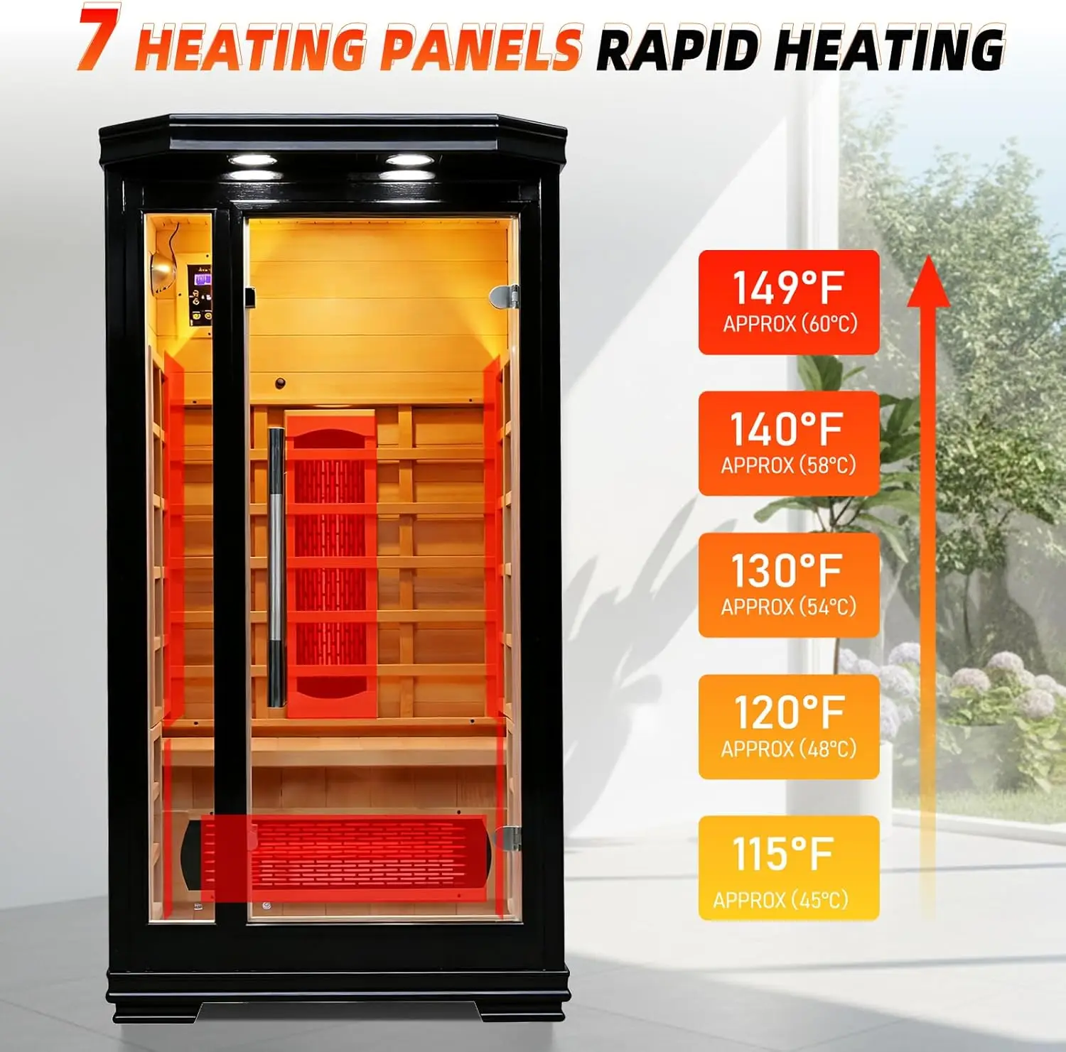 Black Hemlock Wood Infrared Sauna Room Home Use 1350W 110V 1Person Sauna With Speaker,Panoramic 8mm Tempered Glass