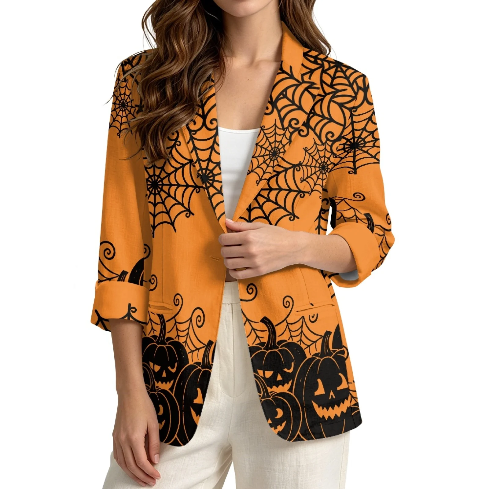 PENSTROLL Pumpkin Cobweb Open Front Beach Cardigan for Women Linen Like Layering Top Outerwear