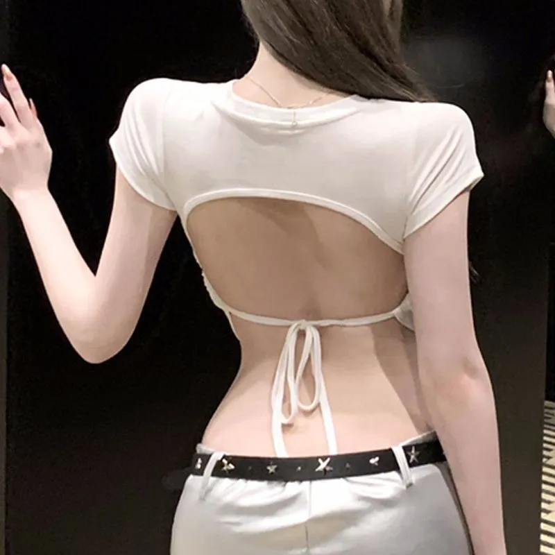 Summer Pure Backless Drawstring Tie Pit Strip Short-sleeved T-shirt For Women Niche Off-the-shoulder Short Sweet And Spicy Top