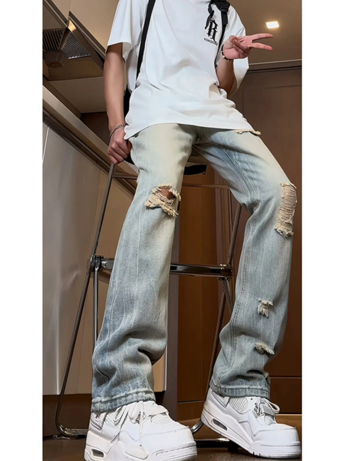 

Ripped Straight Leg Men's Jeans American Retro High Street Cool Summer New Loose Long Trousers Youth Fashion Denim Pants