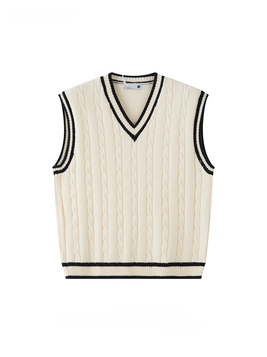 Men Women Woven Twist Color-blocked V-neck Knitted Vests Spring and Autumn British College Style Sleeveless Sweaters Waistcoat