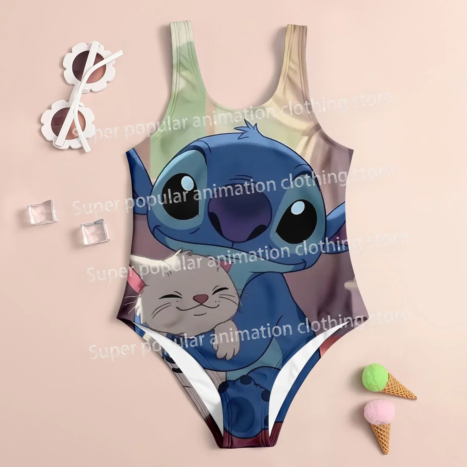 

Stitch Cartoon Swimwear 2025 3D Print Girls Kids Polyester Quick-Dry UV Protection Summer Beach Cute Fashion Set Parent-child