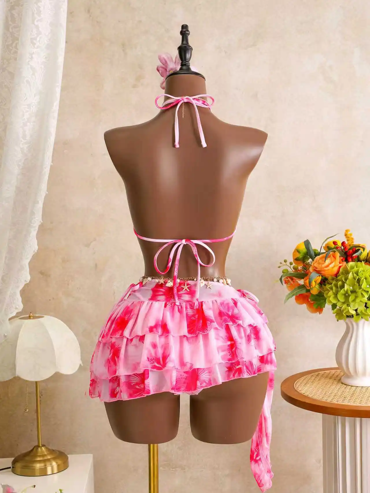 2026 Ruffle Backless Swim Dress Women 3 Piece Bikini Set Push Up Tummy Control Two Piece Swimsuit with Skirt Beach Vacation Summ