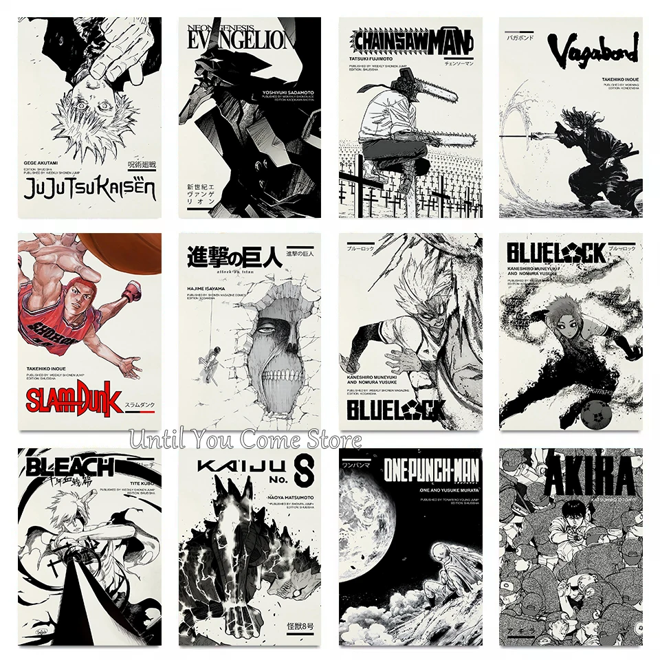 Retro Japanese Anime Black and White Series Poster Print Canvas Art Pictures Home for Living Room Bedroom Wall Modern Decor