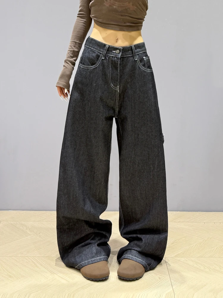 

Широкие джинсы с американской вышивкой больших размеров, женские толстые мм ретро универсальные повседневные утягивающие свободные прямые брюки длиной до пола