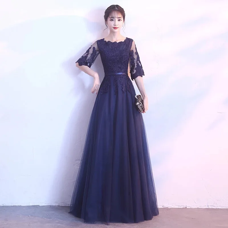 Robe de soiree Navy Blue lace up U-Neck Gown A LINE Sleeveles Vestido De Festa Luxury Evening Dresses Party Dress Prom Dresses