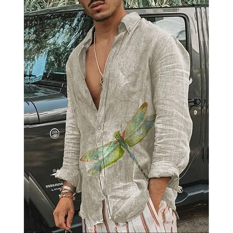 Autumn Men's Cardigan Men's Long Sleeve Lapel Shirt Casual Butterfly Printed Top
