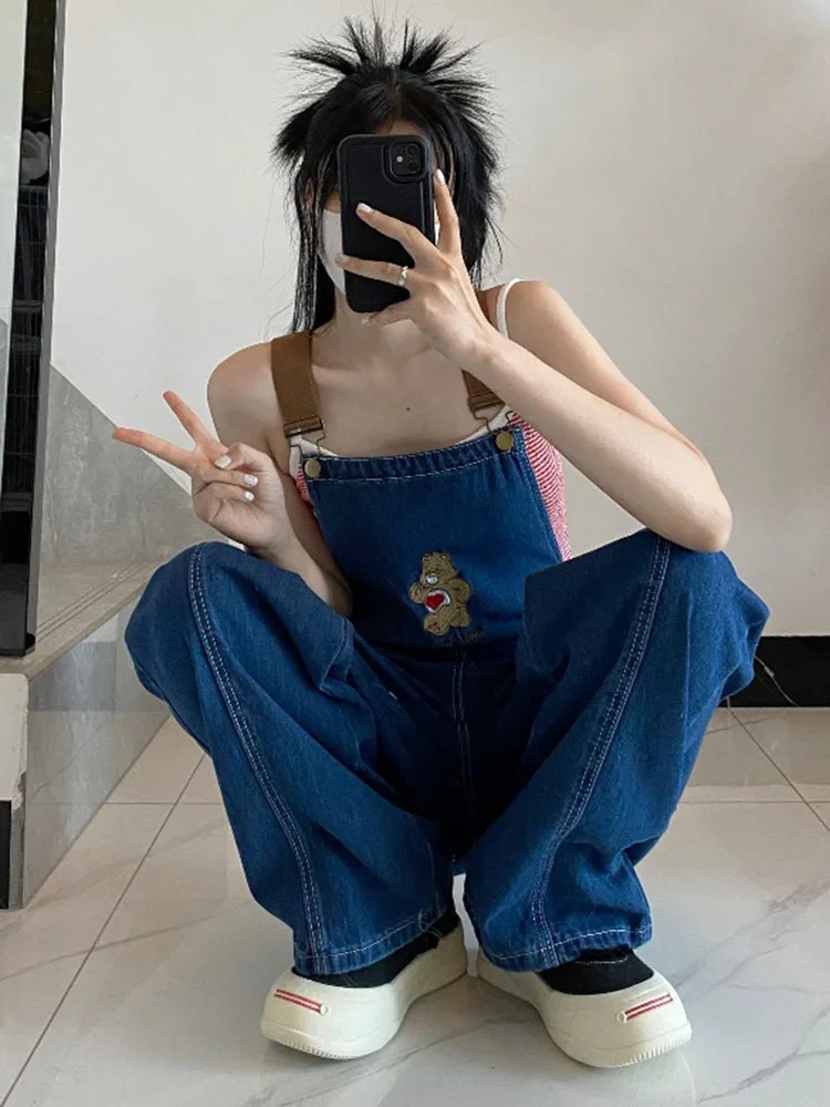 New Cartoon Bear Denim Macacões Mulheres Y2K Macacão Baggy Feminino Vintage Solto Straight Wide-leg Jumpsuit One Piece Outfit