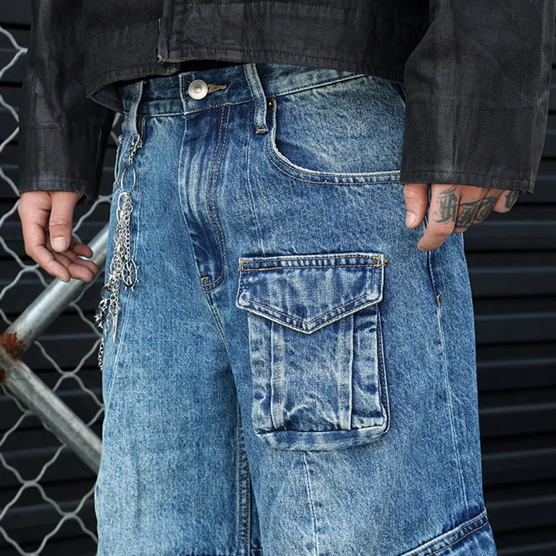 American High Street Baggy Jeans Men's Streetwear Loose Casual Washed Denim Multi-pocket Wide Leg Scimitar Jeans Pants Trousers