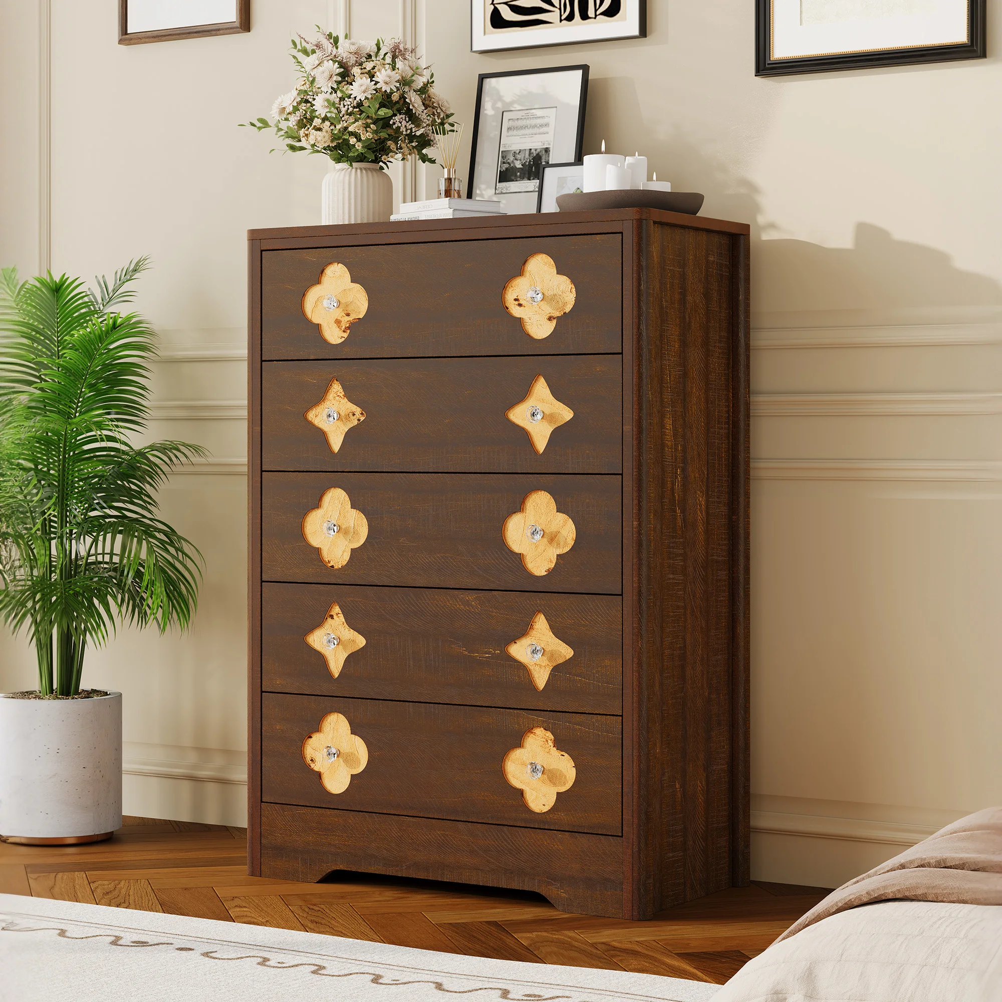 Fluted Tall Dresser Chest - 5-Drawer Bedroom Clothes Storage Cabinet, 42.9 in Tall, Large Capacity Closet Organizer with Smooth-Glide Drawers - 5-Drawer Cabinet