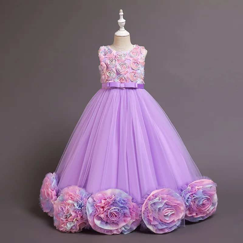 

Children Two Tone Flowers Full Tulle Ball Gown Kids Sleeveless Floral Applique Bodice Dress Skirt Gradient Floral Hem Girl Gown
