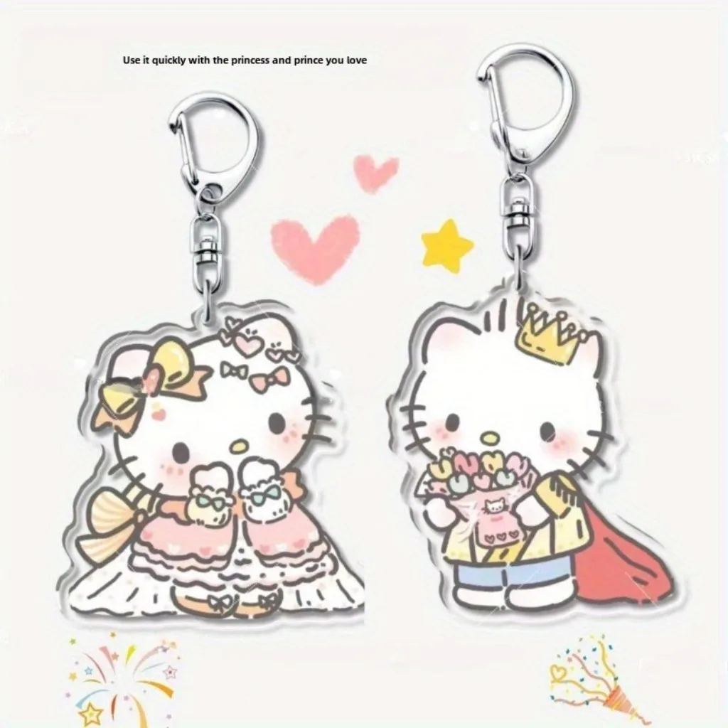 2PCS Hello Kitty Prinses Prins Koppels Anime Figuren Acryl Sleutelhanger Leuke Cartoon Paar Kuromi Baku Sleutelhanger Hanger Geschenken