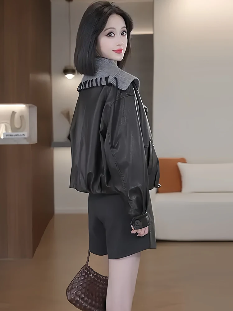 Casual Loose Fit ort Navy Kragen Jaet Damen Faion Künstlerische Sle Leder irt Herbst Neue Ankunft Ele Feel Top