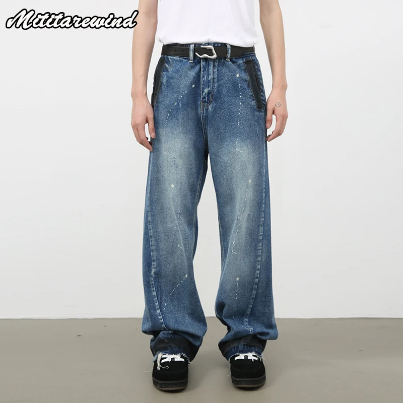 Raw Edge Retro Washed Hand Painted Wide Leg Pants Men High Street Casual Straight Denim Pants Men Blue Jeans Trousers For Men