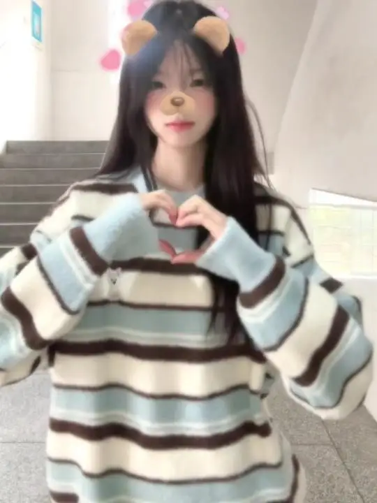 

Adorable Dog Stripe Knit Sweater Loose Long Sve Base irt Top Autumn Winter Thiened Warmth round Ne Chinese Brand