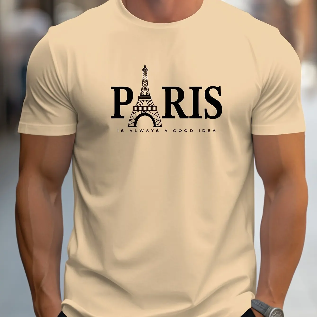 

PARIS letter pattern print casual comfortable round neck short sleeved T-shirt top Men's 100% pure cotton summer loose size