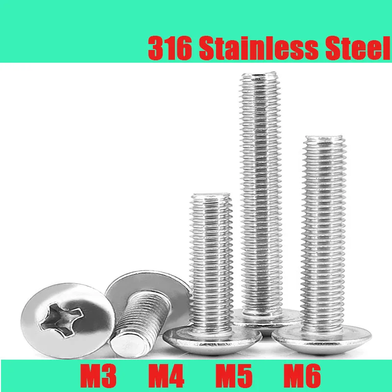 Length 3mm-60mm M3 M4 M5 M6 M8 316 Stainless Steel Cross Recessed Phillips Truss Head Large Flat Round Head Screw Bolt