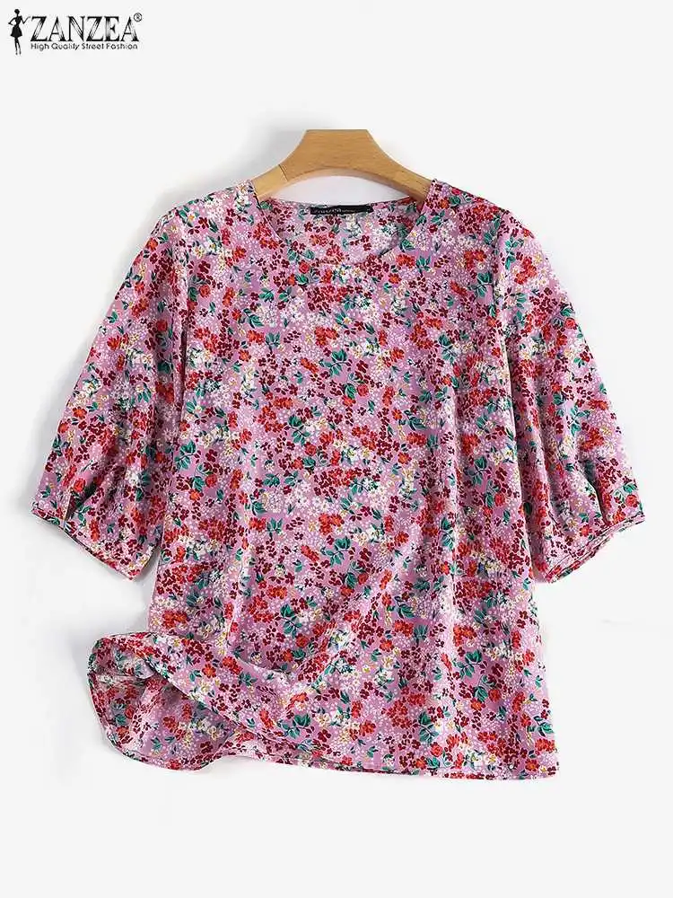 ZANZEA Womens Floral Print Blouse 2023 Autumn Half Sleeve Tops Vintage Crewneck Chic Shirt Casual Loose Holiday Bohemian Tunics