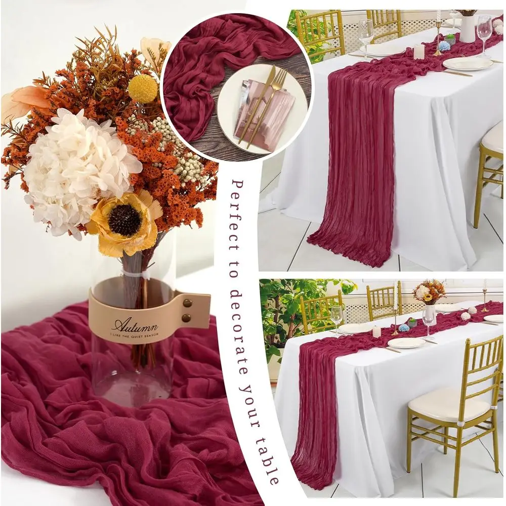10FT Burgundy Boho Table Runners, Set of 24, 35x120 Inch for Weddings, Parties, and Holidays