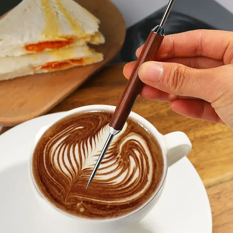 1PC Rosewood Coffee Latte Art Pen, Stainless Steel Pull Needle Tool,Kitchen Gadget, Espresso Accessory, Wooden Handle