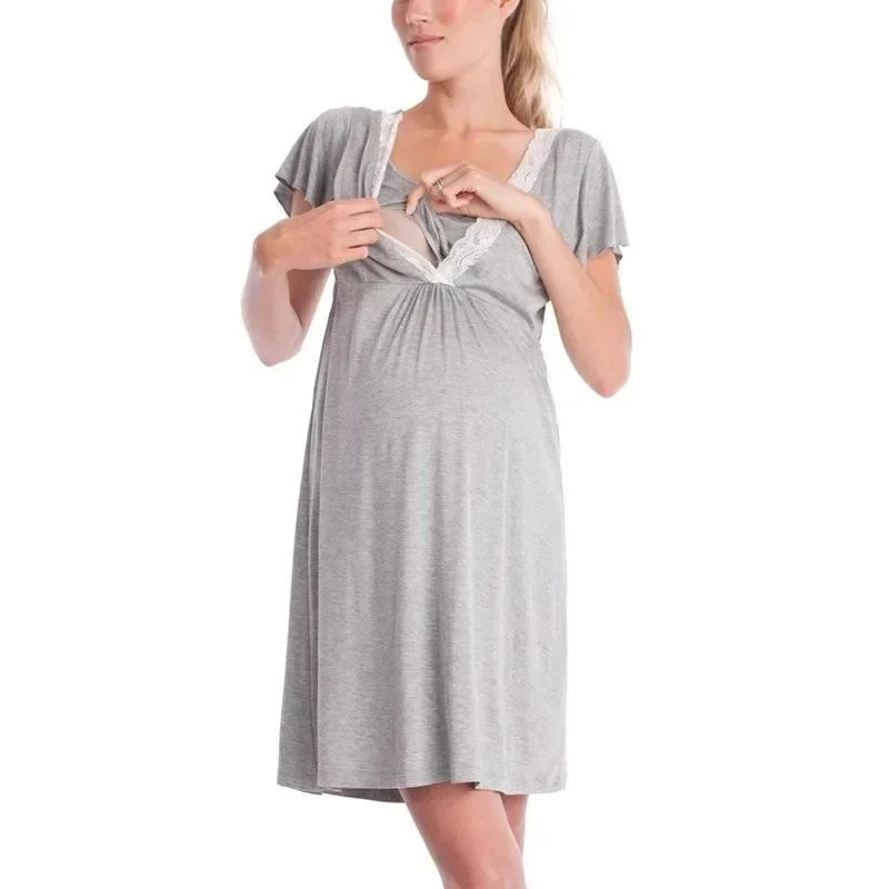 Multi-functional Mom Nursing Dress for Pregnant Women's Sleepwear 2024 European and American Fashion Lace Splicing