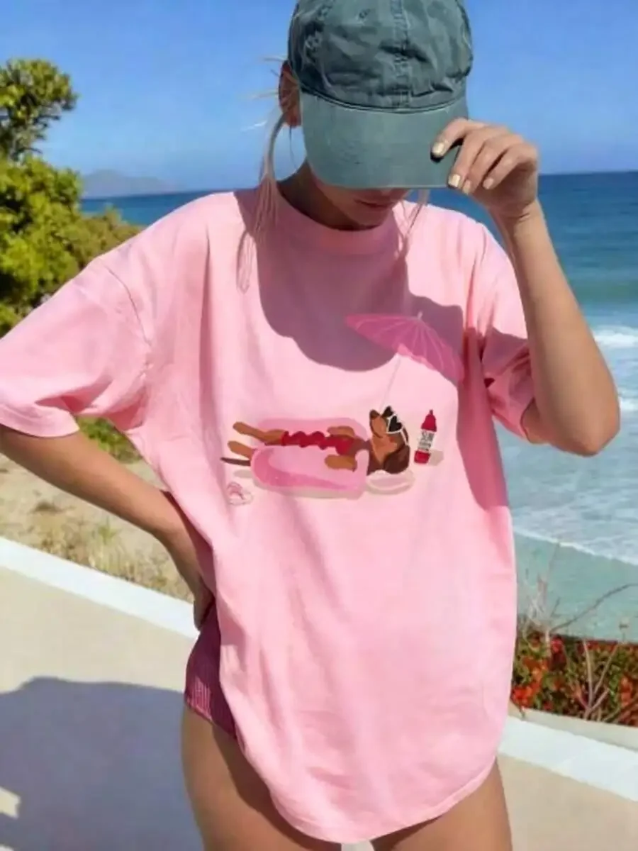 2026 Women Daily Casual T-Shirt, 100% Cotton Crew Neck Short Sleeve Tee With Cute Dachshund Dog Graphic Print, Beige Loose Summer Tops For Female Daily Outfit