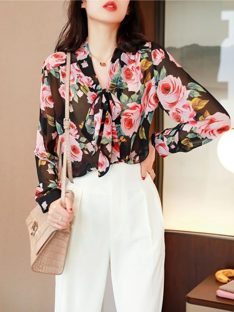 

Women Spring 2026 New Arrival Loose French Style Bow Tie Chiffon Blouse Long Sleeve Top