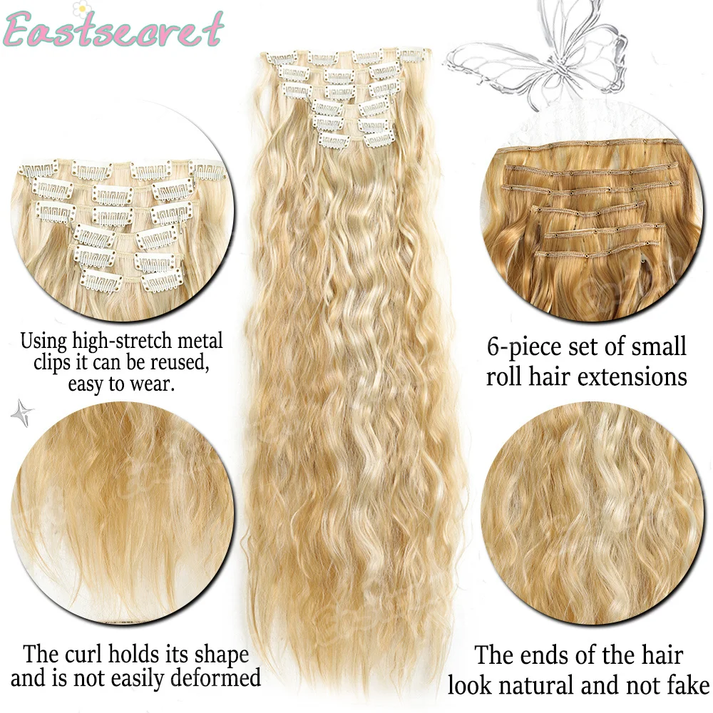 Synthetic Hair Extensions 16Clips In 6PCS Set Curly 24inch Long Clip On Hairpiece Corn Wavy Style For Women Girls Daily Party