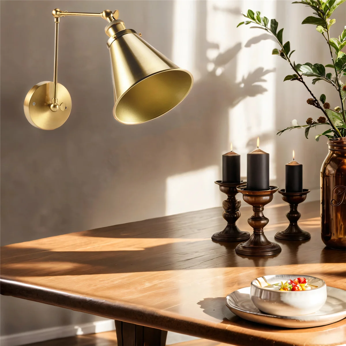 

KEKA Industrial Wall Sconce Light Brass Cone Shade Wall Light with Adjustable Arm for Indoor Home Bar Warehouse Hallway