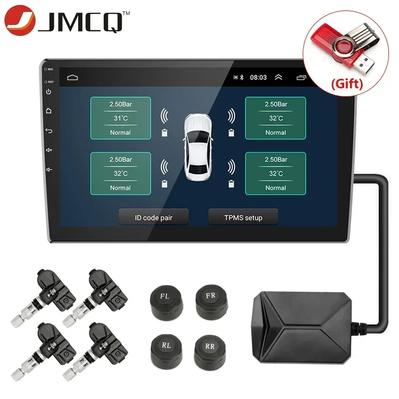 

JMCQ USB Car Tire Pressure Alarm Monitor System TPMS for Car Android Navigation Player with 4 Sensors 5V Wireless Transmission