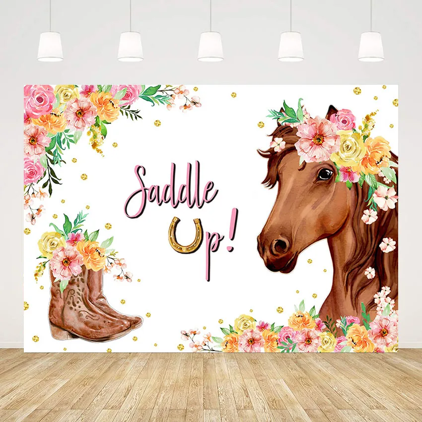 

Mehofond Backdrop for Photography Saddle Up Western Cowgirl Birthday Party Flower Horse Decor Background Photo Studio Photophone