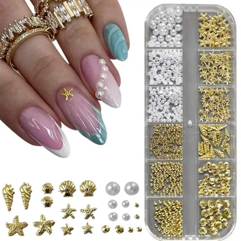 【B】3D Golden Starfish Seashell Nail Art Charms Conch Metal Studs Pearls Caviar Beads Summer Manicure Studs Nail Art Decorations