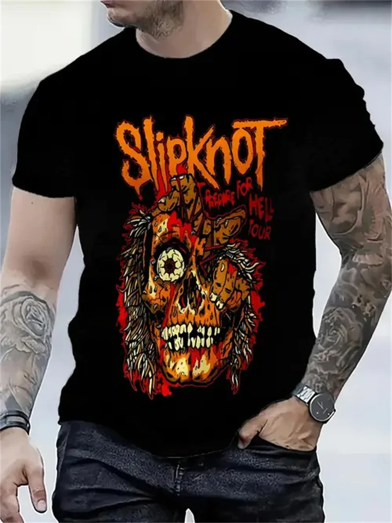 Fashion Men's Slipknot Skull Print Black T Shirt Crew Neck Short Sleeve Punk Rock Streetwear Tee