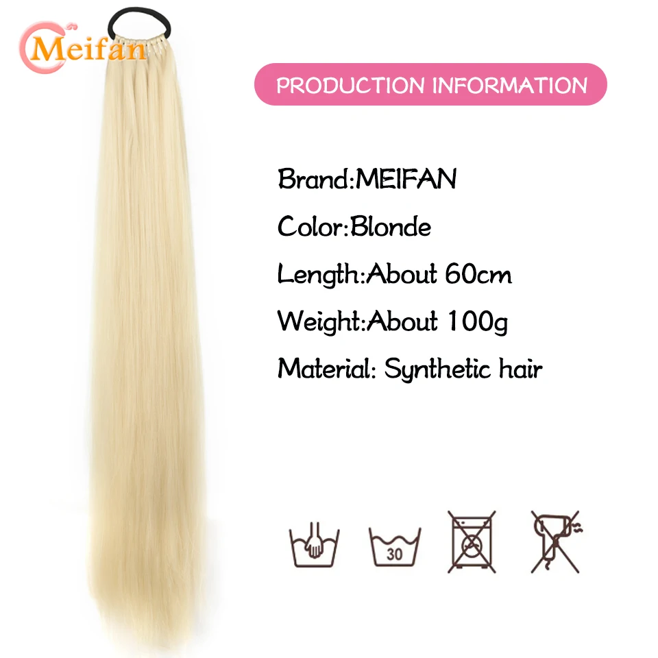 MEIFAN Long Straight Ponytail Extension with Elastic Tie 24Inch Natural Fake Pony Tail Soft Synthetic DIY Ponytail Hairpiece