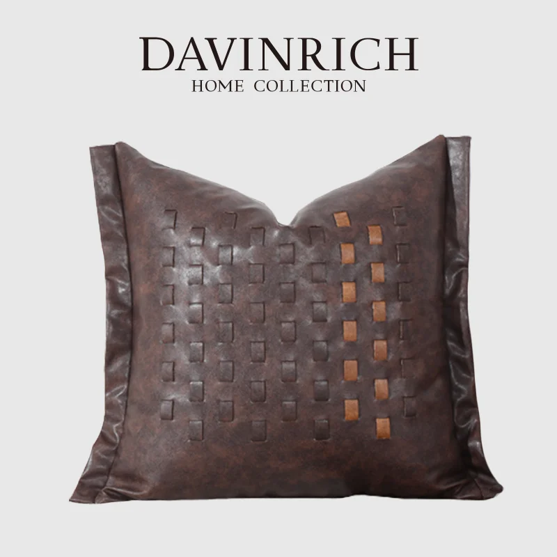 DAVINRICH Luxury Accents Brighton Cross Stitched Cushion Cover Faux Leather Decorative Throw Pillow Case 45x45cm Chocolate Brown
