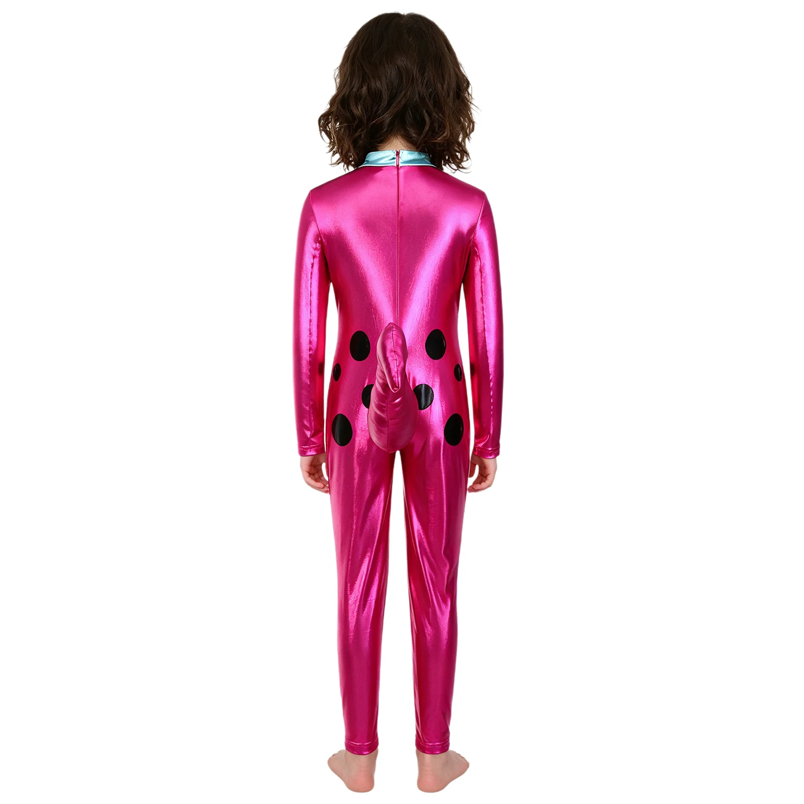 Kids Girls Halloween Dinosaur Costumes Metallic Shiny Long Sleeve Back Zipper Jumpsuit Child Funny Tail Full Bodysuit Leotard